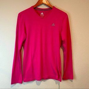 Adidas Pink Logo V Neck Long Sleeved Climalite Top Size M
